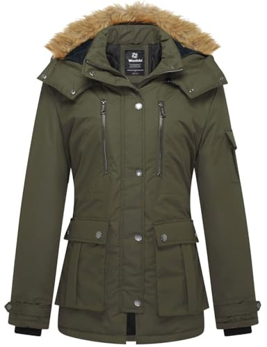 Wantdo, dam, vinter, bomull. vadderad kappa, varm vindtät utomhusjacka, klassisk, medellång parkas, fuskpäls, luva, rock, Grön,