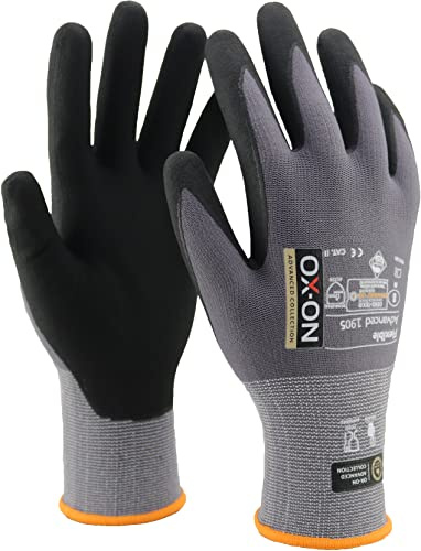 OX-ON Flexible Advanced 1905 Grey Work Gloves, Extremely Durable Safety Gloves, Secure & Precise Grip, Protective & Comfortable Nitrile Gloves, Phone Touch, Breathable Mechanic Gloves -6pairs,Size 7/S