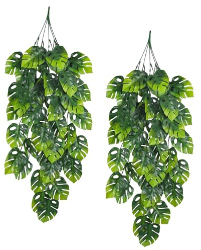 Konstgjorda hängande växter 2-pack, falska hängande monstera löv murgröna klätterväxt fuskgrönska tropiska palmblad hängande växter UV-beständig djungel bladväxt för trädgård hem hawaiiansk fest