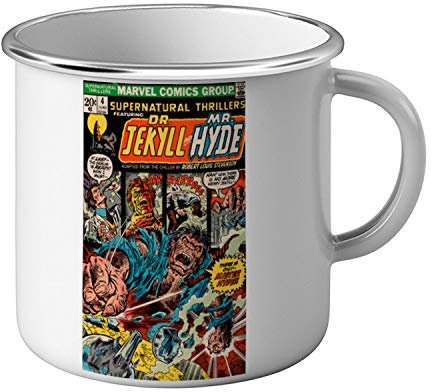 French Unicorn - Taza esmaltada con metal Marvel Comics Dr. Jekyll and Mister Hyde BD Comics (película de terror de superhéroes), diseño con texto en inglés