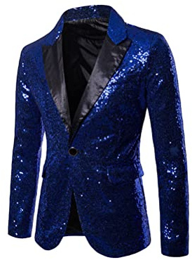 Osheoiso Homme Mode Brillant Blazer T-Shirt à Manches Longues Veste de Smoking Chic Haut Soirée Cérémonie 70s Chemise à Paillettes Jacket Disco Costume de Fête A Bleu Royal L