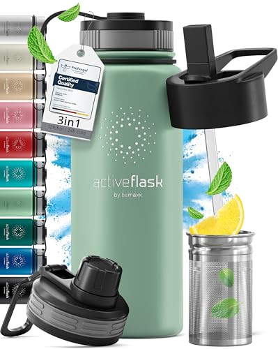 Vattenflaska i Rostfritt Stål, Isolerad ACTIVE FLASK + 3 Drycker Lock och Sugrör, Läckagesäker & BPA-fri | Vakuumisolerade - 12h Varm/24h Kall | Termos Dricksflaska Thermoflaska Sport Camping Gym