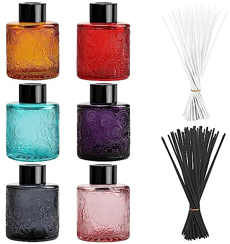Bottiglie di Diffusore Vuote con Bastoncini per Diffusori (25 Pezzi Neri & 25 Pezzi Bianchi), Flaconi per Diffusore in Vetro, Contenitore per Oli Essenziali (Set di 6 bottiglie per aromaterapia)