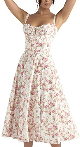 Odizli Robe longue d'été sexy, sans manches, pour femme, avec bretelles spaghetti, fente, style bohème, motif floral