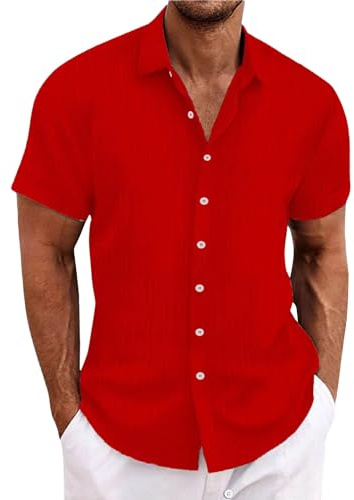 Chemise en lin pour homme - Manches courtes - Chemise en lin - Chemise de loisirs - Coupe droite - Chemise d'été avec col montant - Décontractée - Coupe droite - Chemise rayée