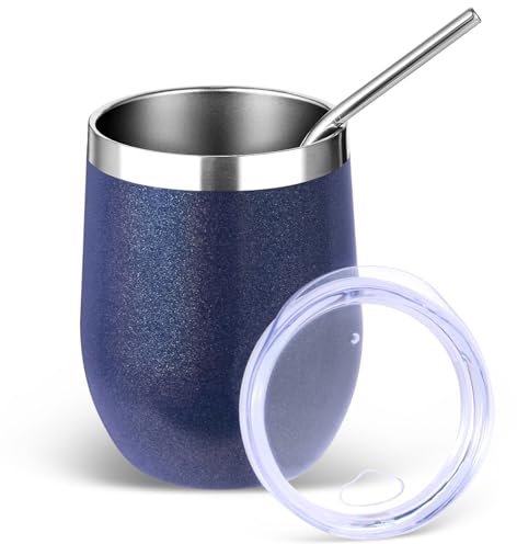 Volhoply 12oz Stainless Steel Wine Tumbler with Lid and Straw,350ml Double Wall Vacuum Insulated Stemless Wine Glasses,Travel Coffee Mug for Cold Drinks,Tumblers Gifts for Women Men(Navy,1 Set)