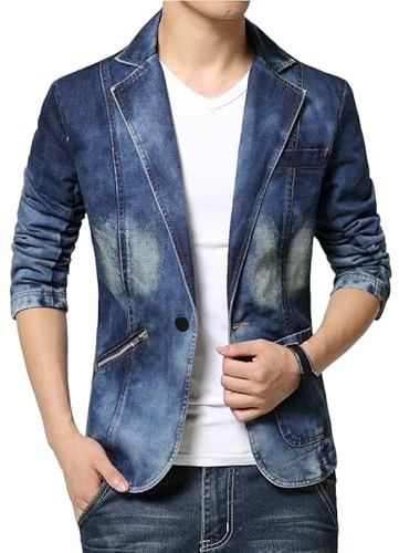 LIUYUYOUGO Blazers Hombre Blazers para Hombre Chaqueta De Traje De Mezclilla Elegante E Informal Abrigo De Jeans Desgastados Y Lavados En Azul Blazer De Mezclilla De Algodón Ajustado A La Moda Abri