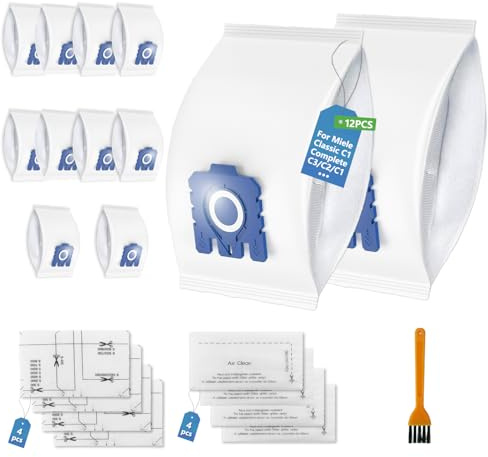 12 Pack Hoover Bags for Miele C3 C2 C1 Vacuum Cleaners, GN Dust Bags Compatible with Hyclean GN, Hyclean Pure & 3D Efficiency, Complete C3 Replacement Bags with 4 Motor Filters & 4 Air Clean Filters