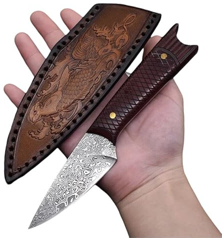 Obespina Couteau Acier Damas Carpe Koï Japonais Camping Lame Fixe Manche Bois Collection Cadeau Homme Suminagashi VG10 Camping EDC Table Chasse Buscraft Artisanat Forgé Étui Cuir Randonnée