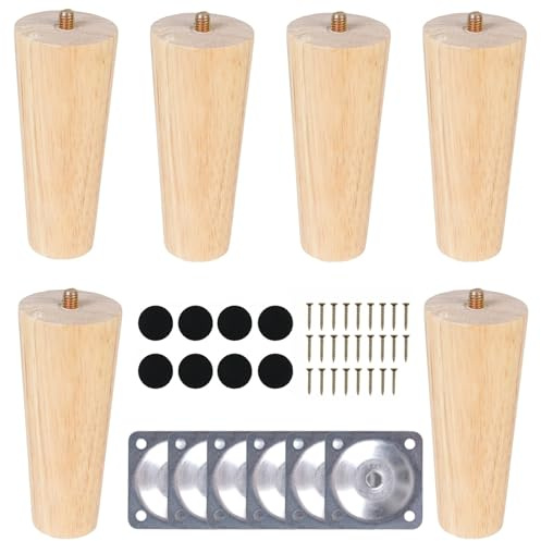 COEWUR 6 Pièces Pied de Meuble Bois Massif 12cm Pieds de Lit avec Plaque de Montage Vis Patins en Feutre Ronde Pieds pour Canapé Armoire Lit Meuble TV Commode Fauteuil