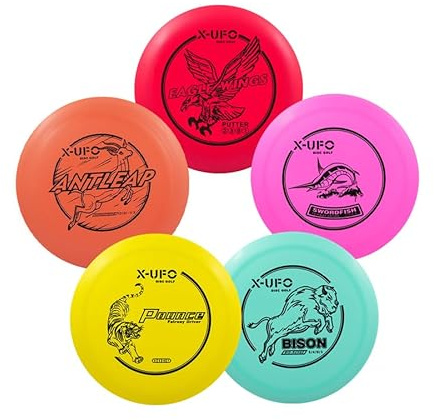 X-UFO Disc Golf Set - Disc Golf Pro Starter Set 5 Pack with Putter,Driver,Mid-Range,Mini Discs,157-175g for Training & Outdoor Sports (TPE-5YPROB)
