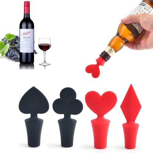 YAPKOLV 4 Pezzi Tappi in Silicone per Bottiglie in Forma di Semi di Poker per Vino, Cava, Prosecco, Champagne, Birra e Bevande Gassate
