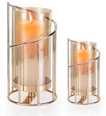 Vasmeiy Portavelas Dorado para Columna, 2 Piezas Candelabros Decorativos Modernos, Metal Vidrio Pilar Candelabros, Sostiene Velas de Pilar y Velas de té, para Bodas, Estantes, Oficina (Dorado)
