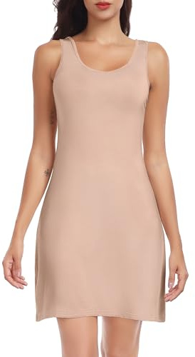 Lovasy Sottovesti da Donna Corto Cotone Abito Sottoveste con Spalla Larga Sexy Lingerie Sottoveste Gonna Estiva Camicia da Notte Senza Maniche,A-Cachi,M