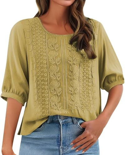 Blusa de lino y algodón con manga 3/4 para mujer, bordada, cuello redondo, estilo bohemio, vintage, casual, holgada