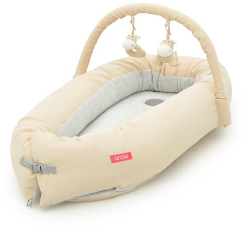 ONNA | Nido Aura para Bebés de 0 a 6 Meses | Con Arco de Juegos | Reposacabezas Transpirable Antiplagiocefalia | Evolutivo y Desmontable | Interior de algodón (Sand)