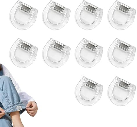 QIHAWN 10Pcs No Sew Trouser Hem Clips Transparent D-Shaped Invisible | 10pcs transparent D-shaped clips, no-sew instant hem adjust, non-slip fabric-friendly, for jeans trousers commuting travel