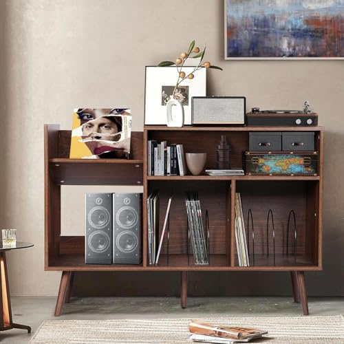 Soporte de tocadiscos grande estilo Concord, capacidad para hasta 350 álbumes, almacenamiento para discos de vinilo con patas de madera para sala de estar u oficina, color marrón