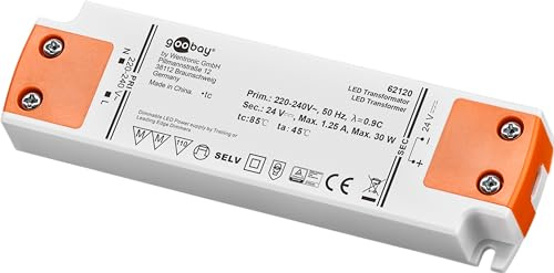 goobay LED Trafo 24V DC dimmbar 30W – Konstantspannung Netzteil (CV) für LED Streifen & Module – Phasenan-/abschnitt dimmbar – 5–30W flaches LED Netzteil Treiber für Möbeleinbau, Schraubklemmen 62120