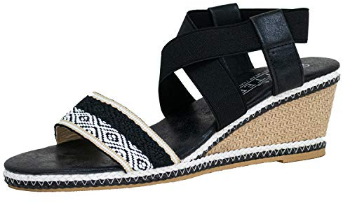 Fitters Footwear That Fits Damen Sandale Lika Synthetik Sandale mit Bastkeil und Textilband Übergröße (45 EU, schwarz)