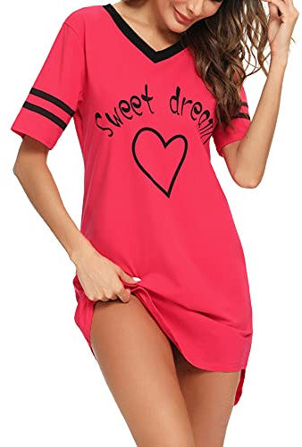 Litherday Chemise de Nuit Femme en Coton Robe de Nuit à Manches Courtes Vêtement de Nuit avec Col V Rayé Motif Coeur et Impression Imprimé,Cramoisi,L