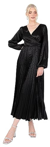 Lovedrobe Women's Midaxi Dress Ladies Pleated Satin V-Neck Long Bishop Sleeve Empire A-Line for Evening Occasion Party Prom Ball Vestito, Nero, 44 Donna