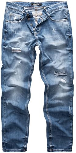 REPUBLIX Herren Jeans Regular Straight Fit Denim Hose Destroyed Hellblau (Patches) W30/L32
