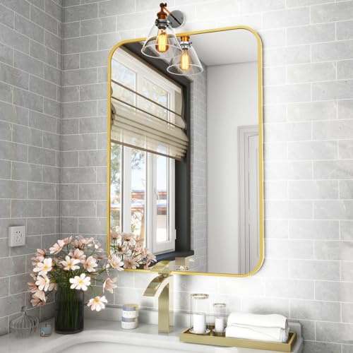 Koonmi 51 x 71 cm Wall Mirror, Rectangle Metal Frame Bathroom Mirror, Round Corner Wall Mirror for Bathroom, Living Room, Wall Mounted Horizontal or Vertical, Gold