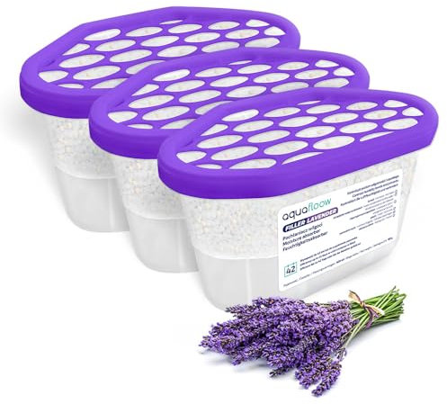Aquafloow Déshumidificateur 400 ml, Réduit l'humidité de l'air, 3 Pièces LAVENDER | Neutraliseur d'odeurs, Absorbeur d'humidité pour Cuisine, Placard, Salle de Bain et Bureau