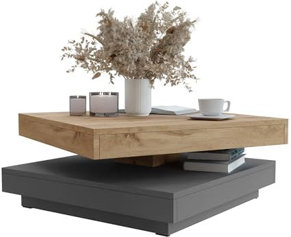 Mirjan24 Couchtisch Luriso, Sofatisch, Obere Tischplatte frei drehbar, Kaffeetisch, Wohnzimmertisch, Teetisch (Wotan Eiche/Graphit Grau)