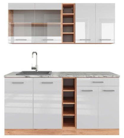Vicco Singleküche R-Line, Weiß Hochglanz/Goldkraft Eiche, 160 cm, AP Marmor, zur individuellen Kombination und Erweiterung geeignet