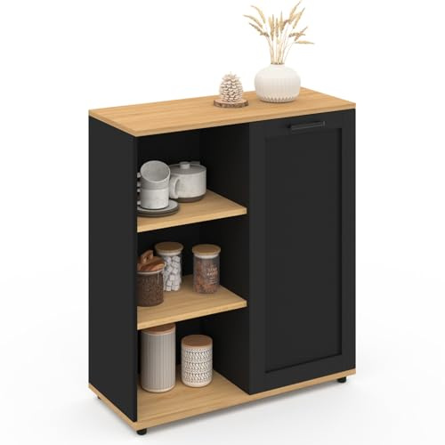 IDMarket VITO - Aparador auxiliar de 70 cm, 3 estantes y armario negro y bandeja de madera