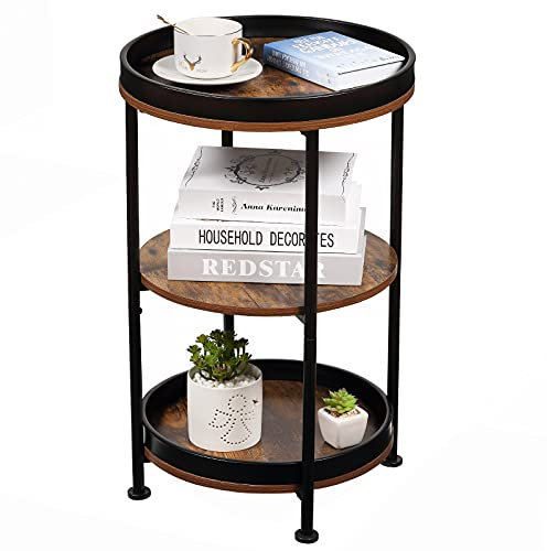 ZEXVIDA Industrieller Beistelltisch mit 3 Etagen, Vintage runder Side Table mit robustem Metallgestell, für Wohnzimmer, Schlafzimmer & Balkon (Rustikal Braun)