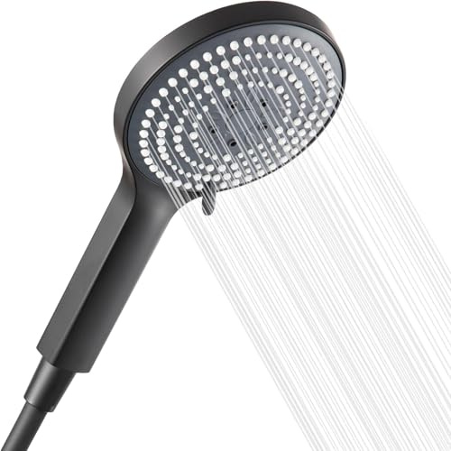 OFFO Pommeau de douche avec tuyau noir avec tuyau de 1,6 m avec protection anti-torsion, grand pommeau de douche avec 6 types de jet, économe en eau, pour salle de bain, noir