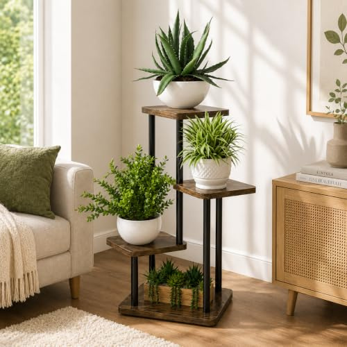 Plant Stand Indoor Tall Metal Corner Shelf for Multiple Plants, Plant Shelf Suitable for Garden, Balcony, Living Room, Bedroom (4 Tier-Walnut&Black)