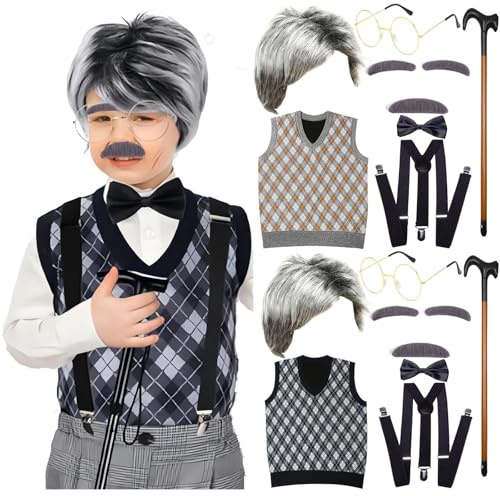 Costume de vieil homme pour petit garçon - Costume de grand-mère pour enfant - Costume de 100 ans d'école pour garçon - Avec chapeau, nœud papillon, gilet, bretelles, lunettes, sourcils, barbe, bâton