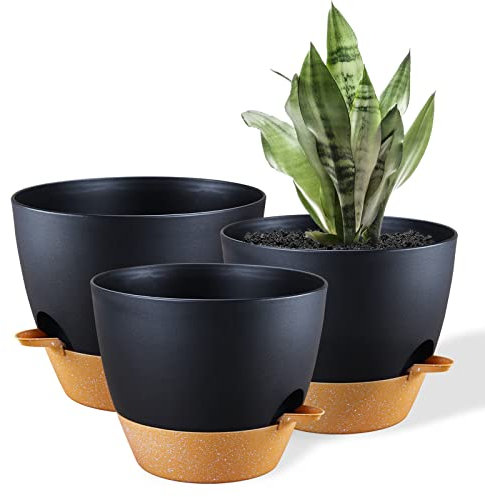 FORAGIFT 25/23/20cm Self-Watering Plant Pots Indoor, 3 Pack Large Plastic Plant Pots with Deep Reservior and High Drainage Holes for Indoor Outdoor Plants and Flowers, Black with Terracotta