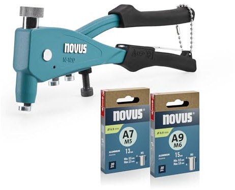NOVUS TOOLS Pinze per rivetti ciechi N-120 Set con 40 dadi rivetti, pinza universale professionale con testa di precisione, bocchini M4/M5/M6 integrati con mandrino filettato, per alluminio o acciaio