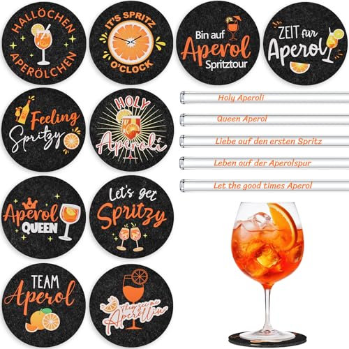 Joycabin Aperol Lot de 15 dessous de verre en feutre et pailles en verre Aperol Spritz - Cadeau réutilisable - Dessous de verre rond - Décoration pour les amateurs d'Aperol - Décoration de table d'été