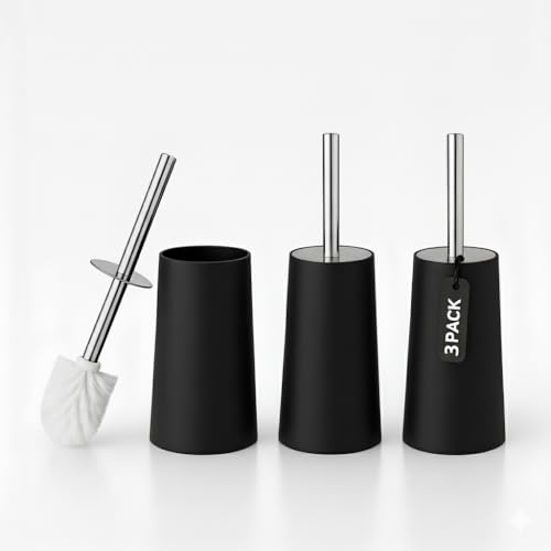 Toilet Brush & Holder | Modern Loo Brush set with elegant design | Toilet Cleaner Brush with Stainless Steel handle | Compact and efficient Toilet Brush set (3 Unit Black)
