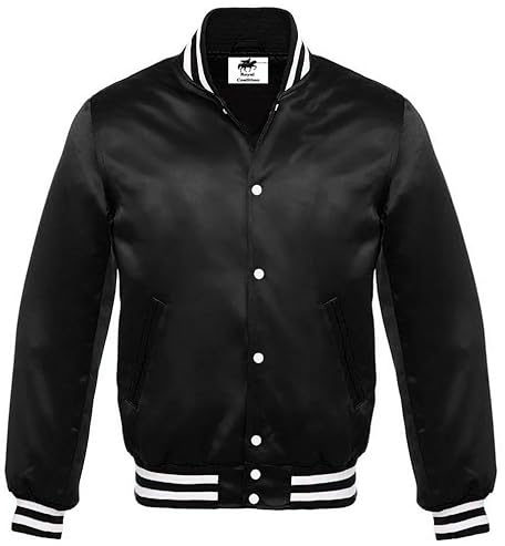 Royal Coalition Men Varsity Letterman Saitn Jacket Bomber Style Baseball College Basketball Sportswear Jackets (US, Alpha, X-Large, Regular, Regular, Black W)