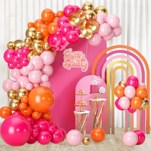 Kit Arche Ballon Rose Orange, Guirlande de Ballons Rose Orange avec Métallique Chrome Doré Latex Ballons pour Filles Enfant Fête Anniversaire Baby Shower Mariage Baptême Hawaïen Décoration du Parti