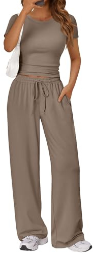LILLUSORY 2 Piece Lounge Wear Pajamas Sets for Women UK Vacation Travel Outfit Airport Casual Elastic Waisted Wide Leg Trousers Co Ord Sets Dressly Capsule Wardrobe Clothing 2026 Mocha L