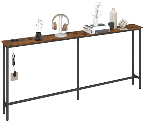 Amveya Konsolentisch Schmal Holz 20 cm Tief, Konsolentisch Hinter Sofa Mit Ladestation, Console Table, Schmales Regal 20 cm Breit, Regal Schmal, Flur Möbel Mit braunem Holz(180x20x80cm)