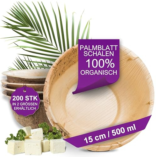 Waipur Ciotole in Foglia di Palma Ecologici - Set 15 cm / 500 ml da 200 Pezzi - Stoviglie Monouso Biodegradabili di Alta Qualità - Eleganti e Resistenti - Naturali e Compostabili - Simile al Bambu