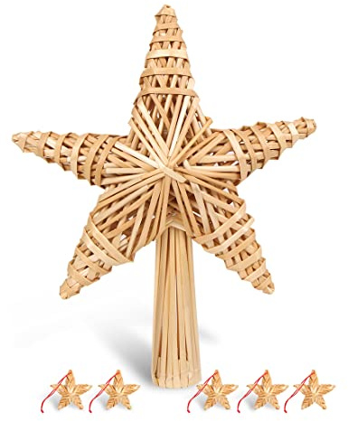 Weihnachtsbaumspitze Stern aus Stroh, Christbaumspitze Stern, Baumspitze Stern Weihnachten Handgemachter, Strohstern Spitze Groß mit 5pcs Mini Strohstern für Weihnachtsbaumschmuck