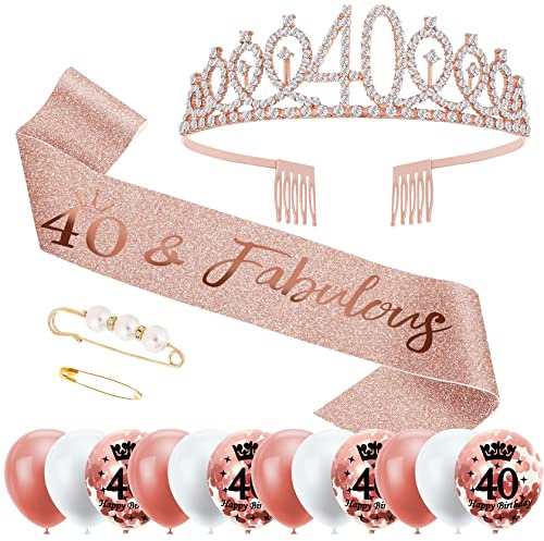 40 compleanno da donna, fascia decorativa e tiara, 40° compleanno, regalo per le donne, per il compleanno, con 12 palloncini in oro rosa