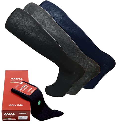AMAL SOCKS 6 Paia Calze Lunghe Uomo in caldo cotone in Maglia Liscia con Polsino a coste, punte e talloni rinforzati, cucitura rimagliatura ultrapiatta, Marchio Italiano. (42-44, Francesi)