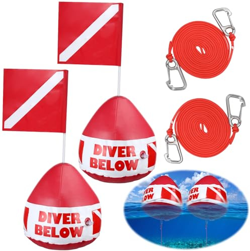 Maitys Heavy Duty PVC Dive Flag Float Freediving Rope Set Inflatable Signal Floater with Dive Flag Freediving Lanyard Leash for Snorkeling Water Sport Signaling Swimming Boating Fishing (1 Set)