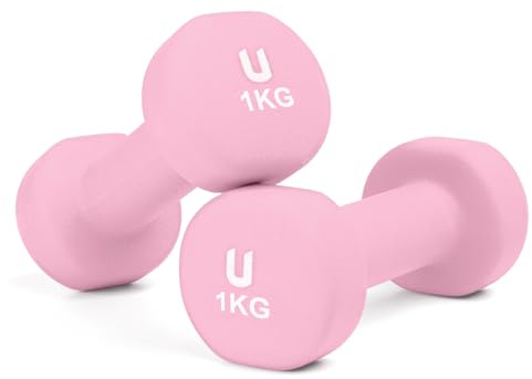 unycos - Set di 2 Manubri Antiscivolo in Neoprene, Coppia di Pesi Rotonde da 1 kg per Uomini/Donne, Nucleo in Ghisa, Allenamento della Forza, Fitness, Palestra in Casa (Rosa)